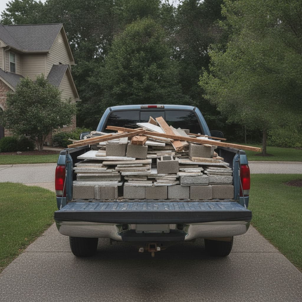 Loaded demolition debris shown for context