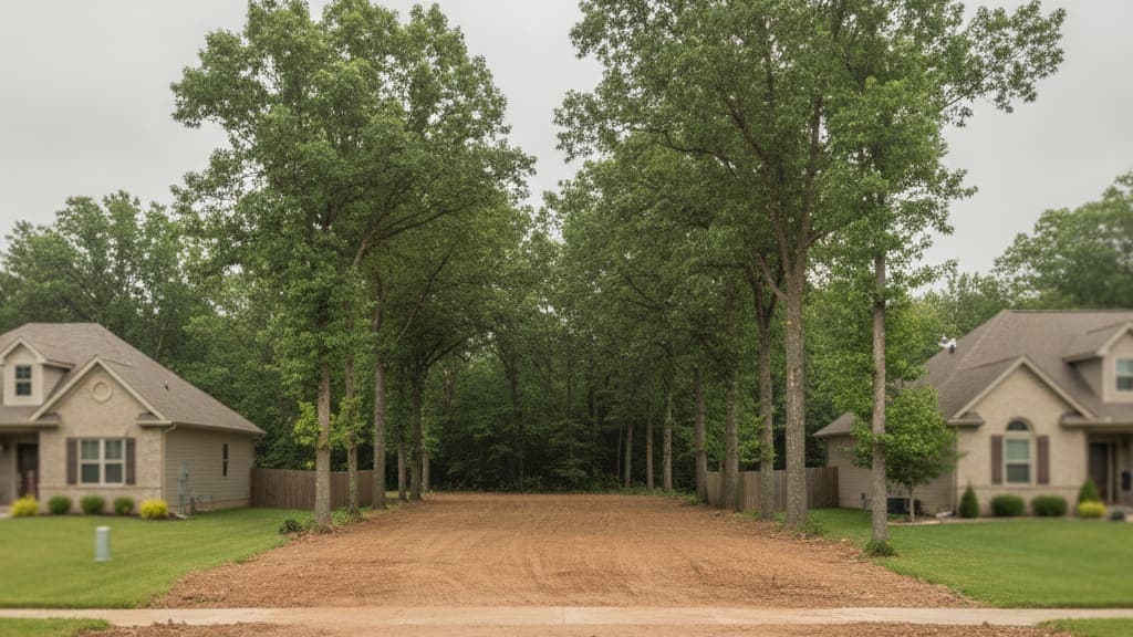 Cleared lot between two standing houses shown for context