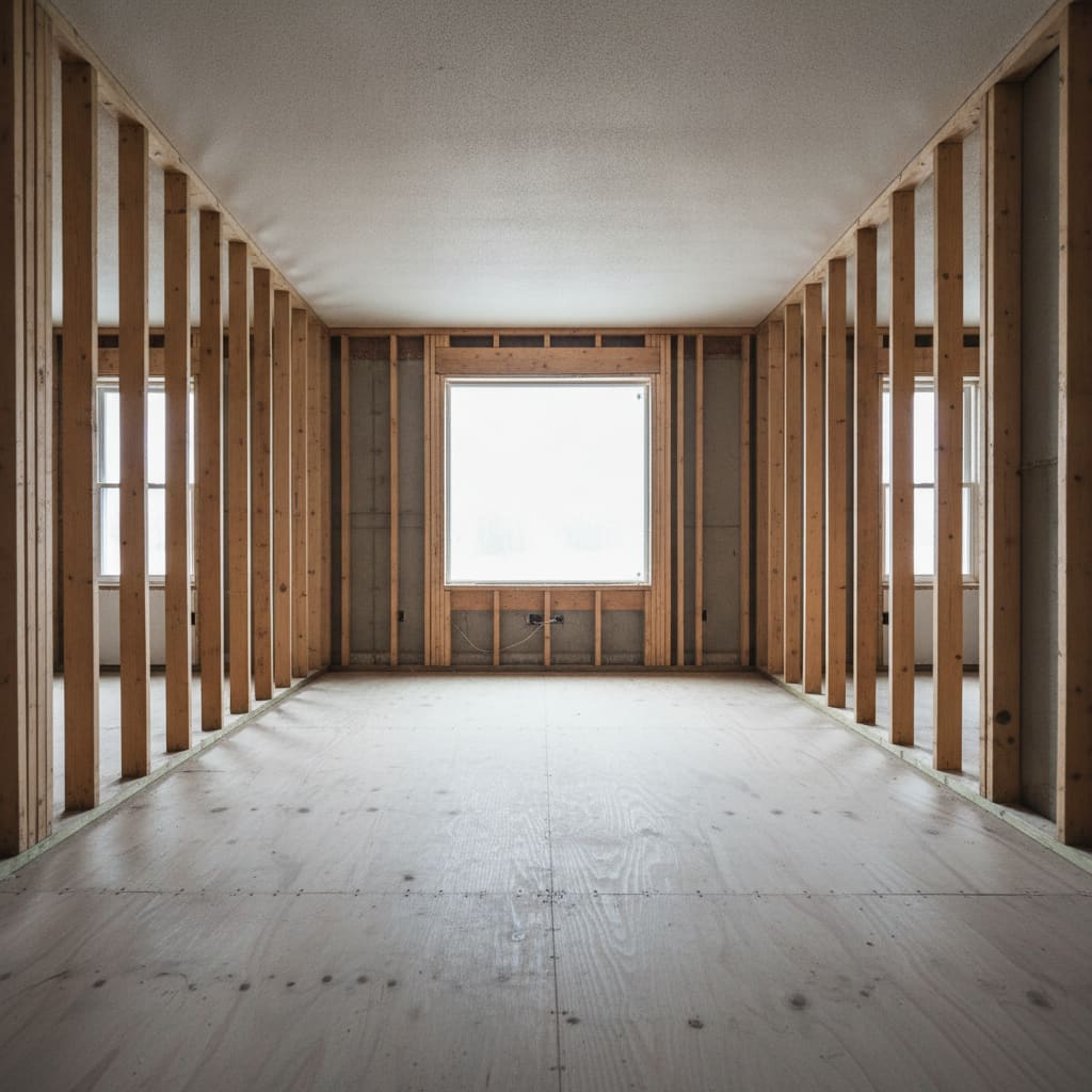 Interior stripped to exposed wall framing shown for context